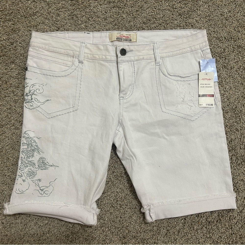 NWT Ed Hardy Women's Japanese Dragon Bermuda Vintage White Jean Shorts  13/14